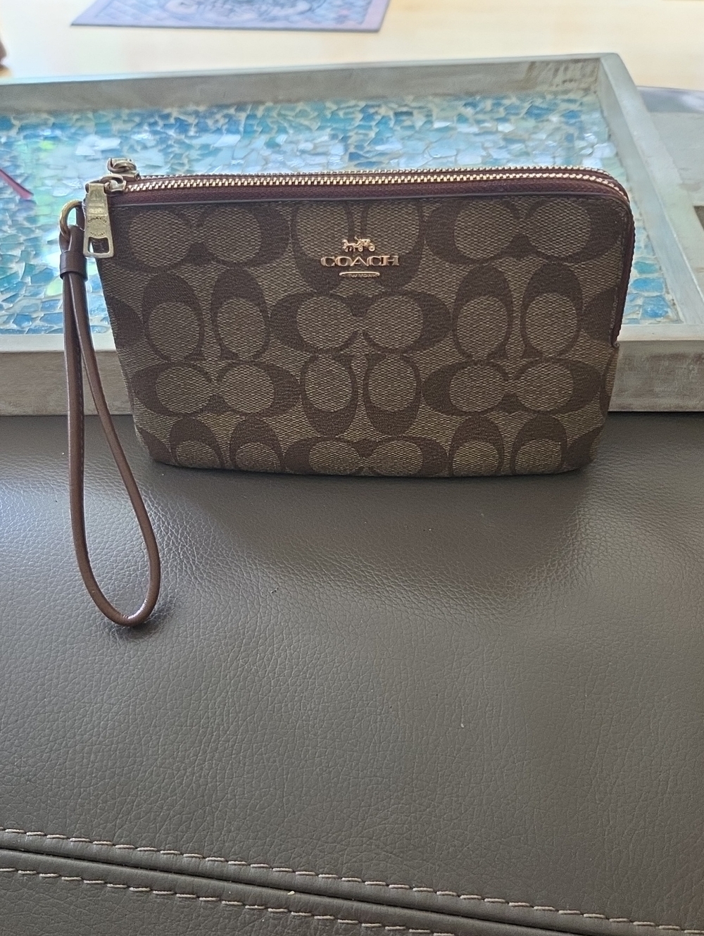 Coach Black/Brown Signature Canvas Double Zip Wallet / Wristlet with Gold Accent